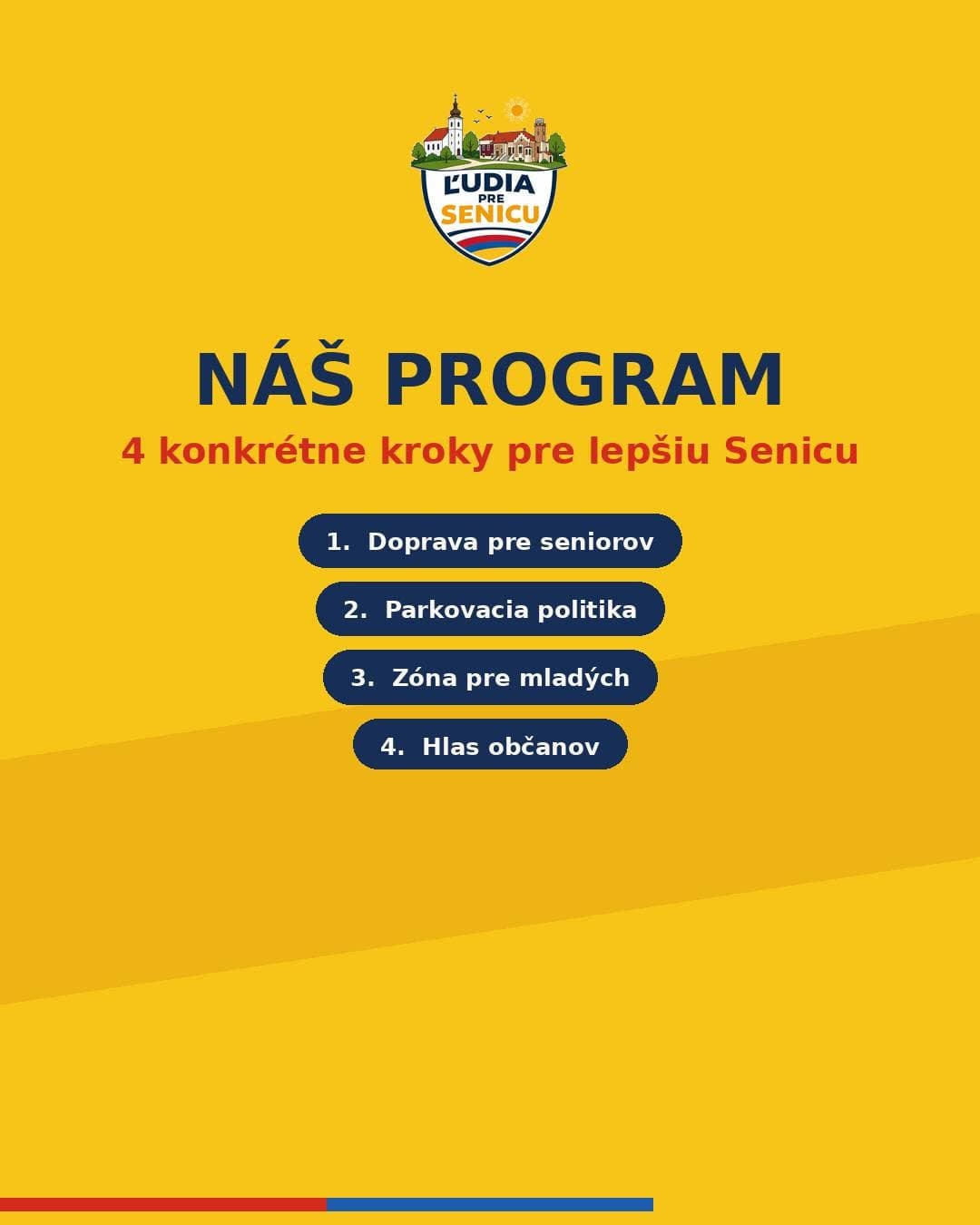 Náš program — 4 konkrétne kroky pre lepšiu Senicu: doprava pre seniorov, parkovacia politika, zóna pre mladých, hlas občanov